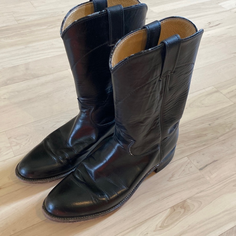 Justin-Black Leather Cowboy Boots-8.5 B